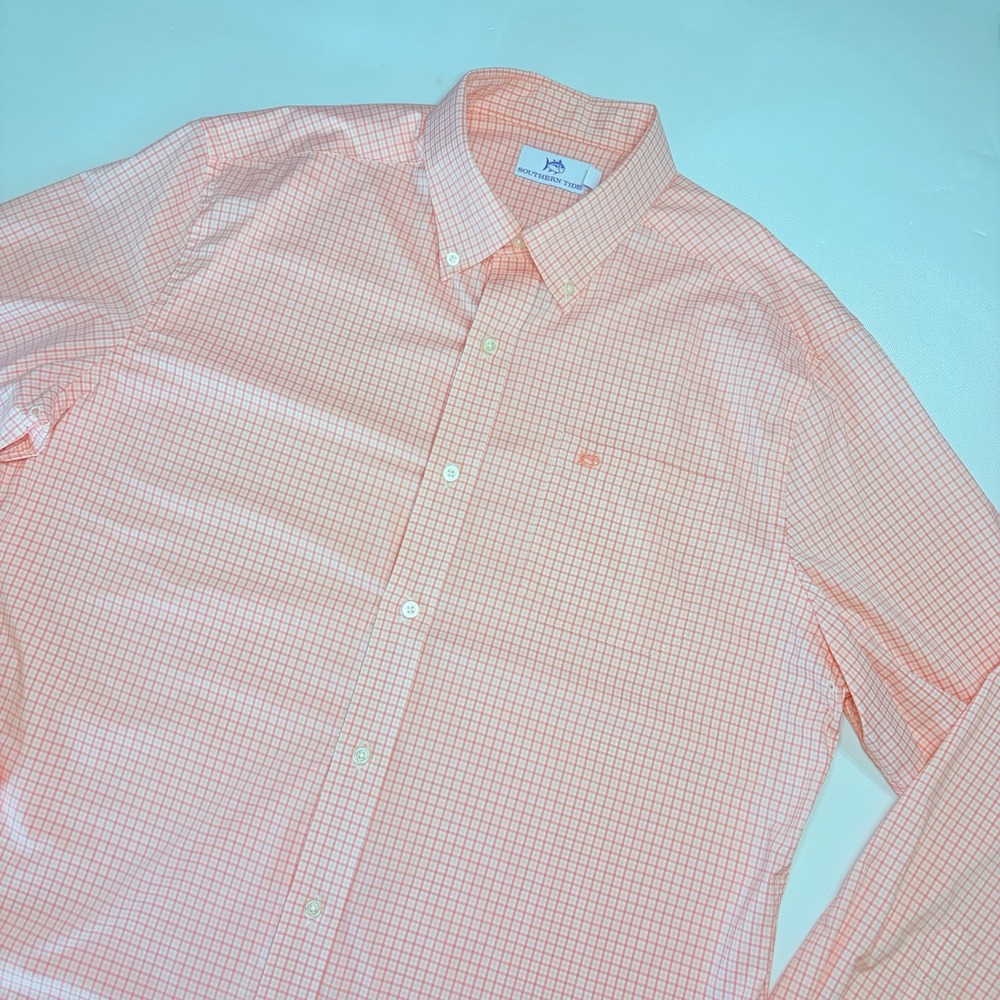 Southern Tide Shirt Mens Large Pink Coral Check Stretch Long Sleeve Button Down